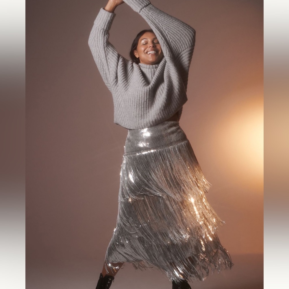 Anthropologie Maeve Tatiana Sequin Fringed Midi Skirt Size 18